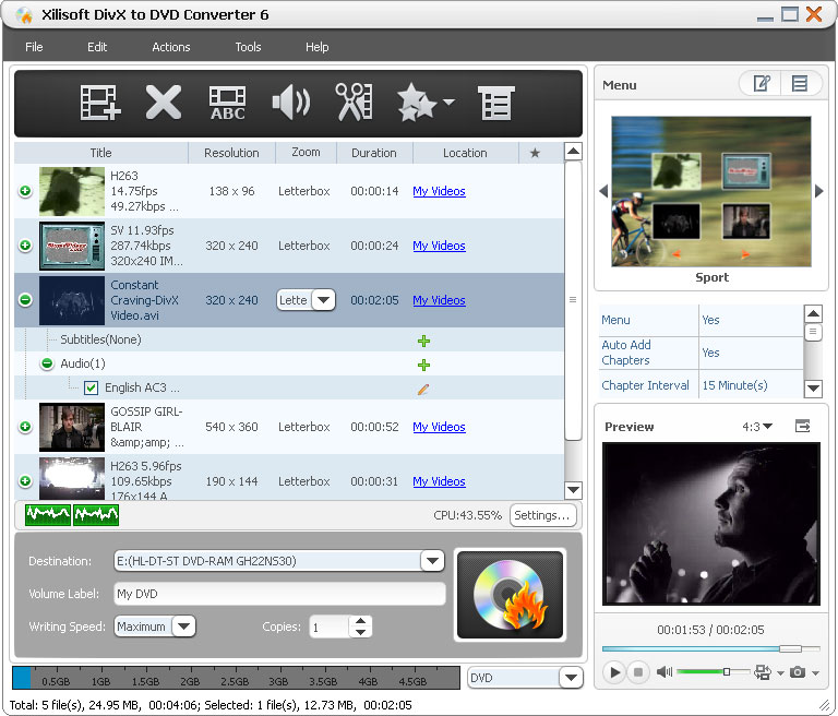 Click to view Xilisoft DivX to DVD Converter 6.2.1.0321 screenshot