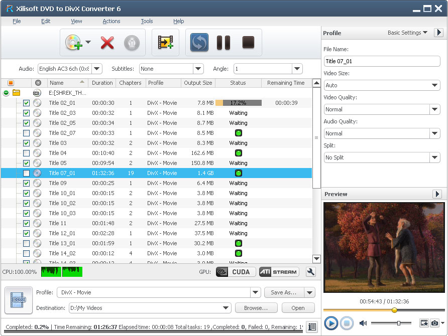 Click to view Xilisoft DVD to DivX Converter 6.6.0.0623 screenshot