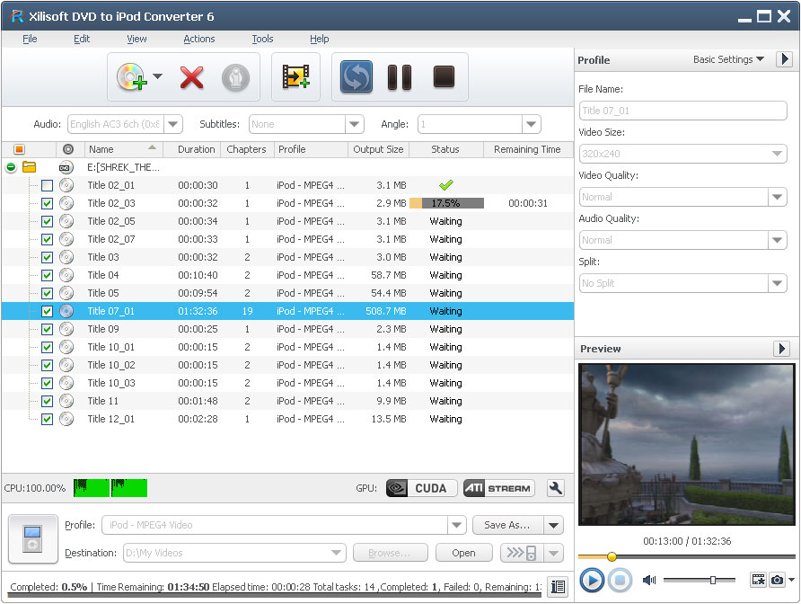 Click to view Xilisoft DVD to iPod Converter 6.6.0.0623 screenshot