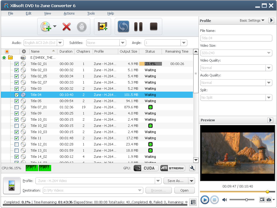 Click to view Xilisoft DVD to Zune Converter 6.5.1.0314 screenshot