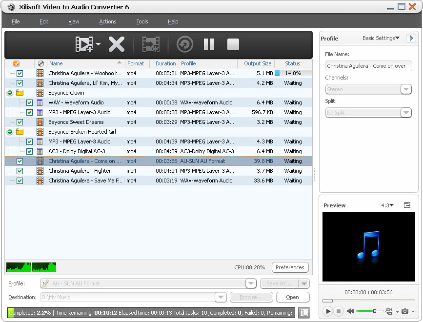 Click to view Xilisoft Video to Audio Converter 6.6.0.0623 screenshot